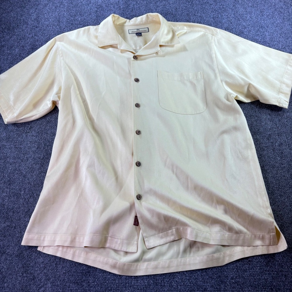 Tommy Bahama Button Up Shirt Mens M Yellow Silk Cotton Herringbone Camp Relax